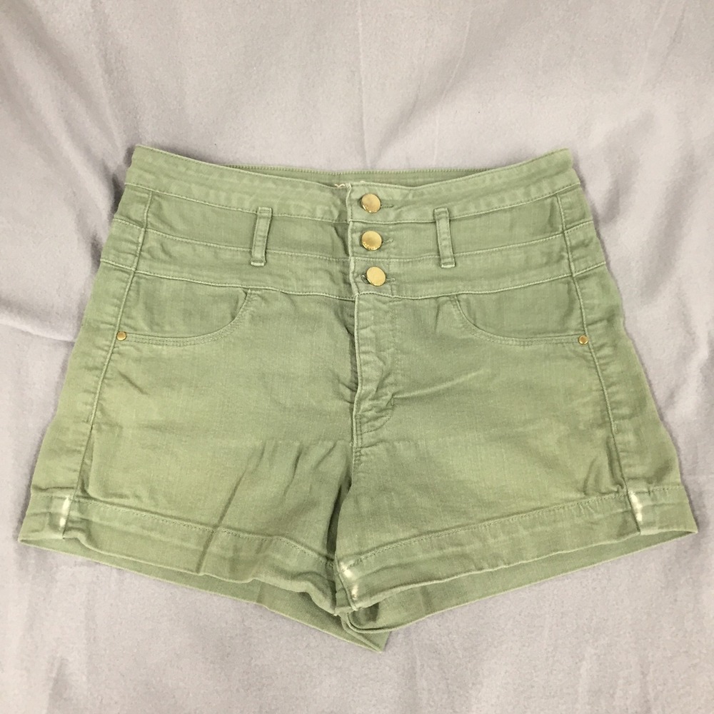 Refuge Womens High Waisted Sage Green Denim Shorts Size 10‎ Triple Button Fly